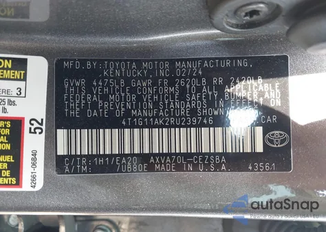 2024 Toyota Camry Se z USA, uszkodzony, nr VIN 4T1G11AK2RU239746